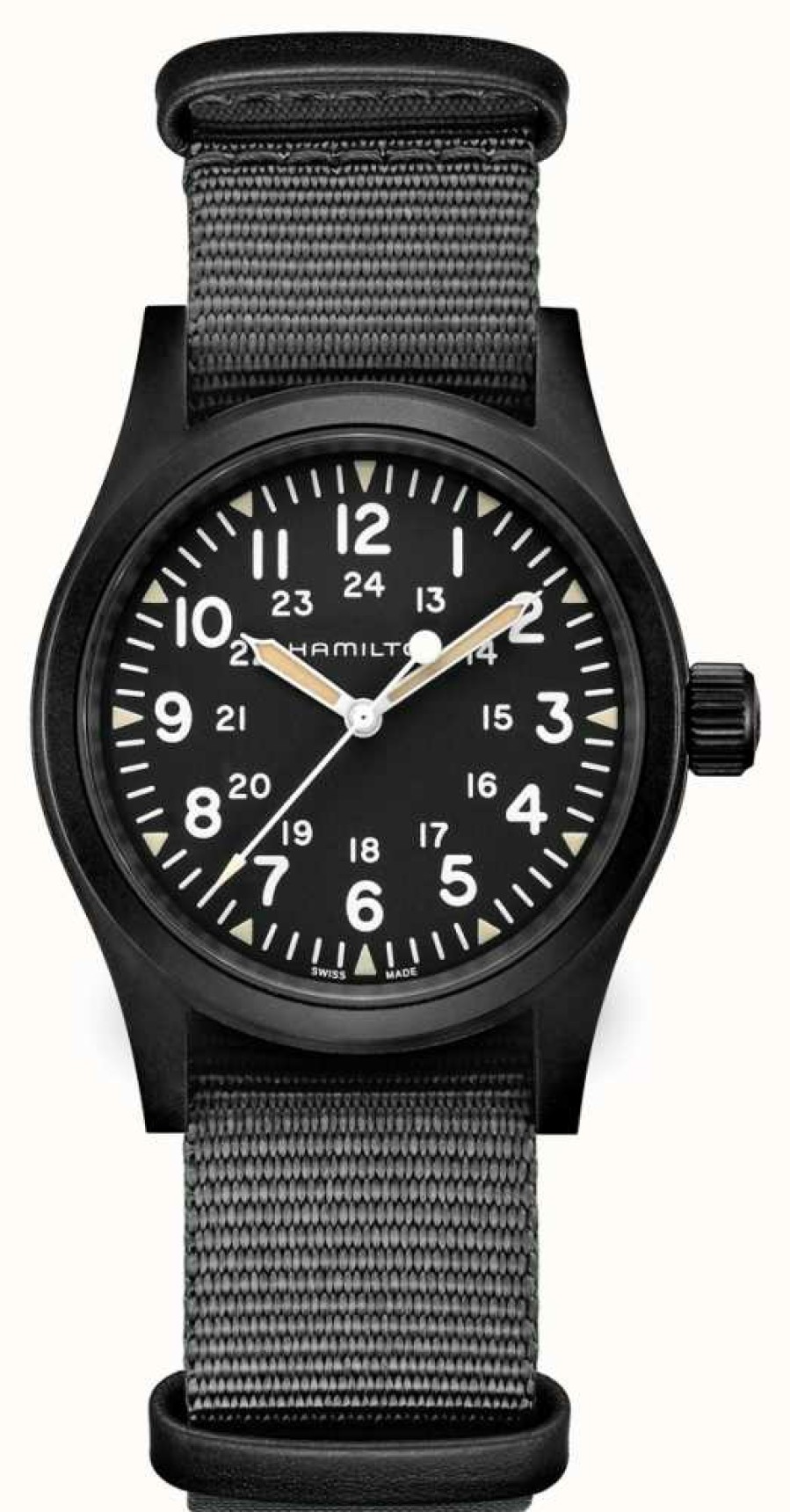 Men'S Hamilton | Hamilton Khaki Field Mechanical (38Mm) Black Dial / Grey Nato Strap