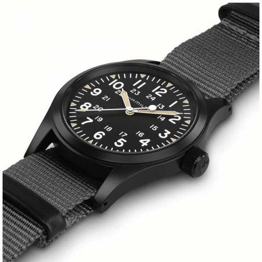 Men'S Hamilton | Hamilton Khaki Field Mechanical (38Mm) Black Dial / Grey Nato Strap