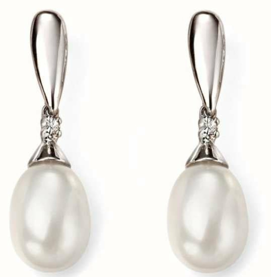 Jewelry Elements Gold | Elements Gold 9K White Gold Diamond Pearl Drop Earrings