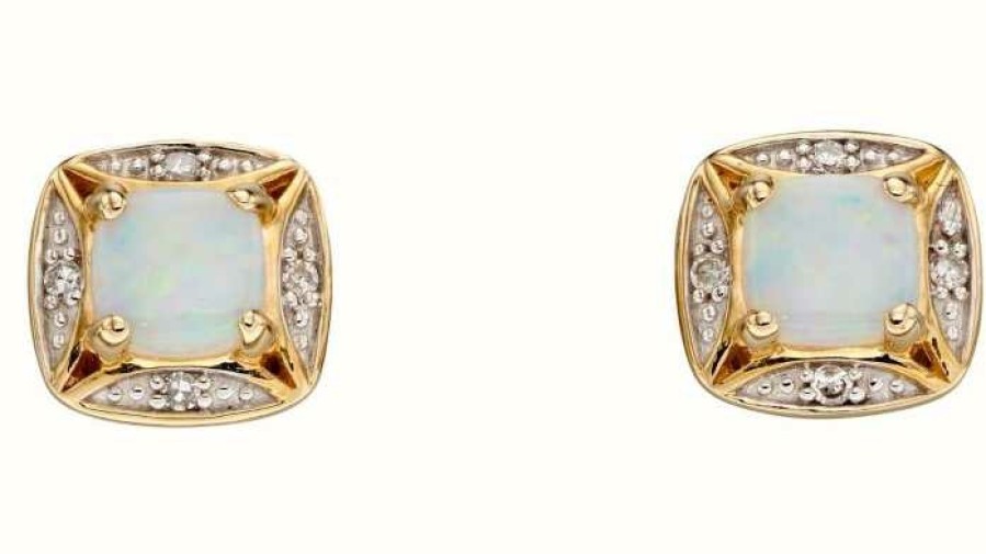 Jewelry Elements Gold | Elements Gold 9Ct Yellow Gold Square Diamond And Opal Studs