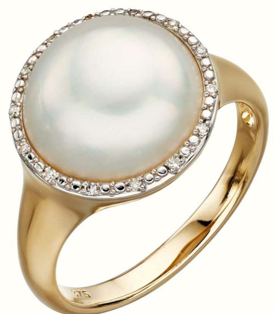 Jewelry Elements Gold | Elements Gold 9Ct Yellow Gold Pearl And Diamond Ring Size Eu 54 (Uk N)