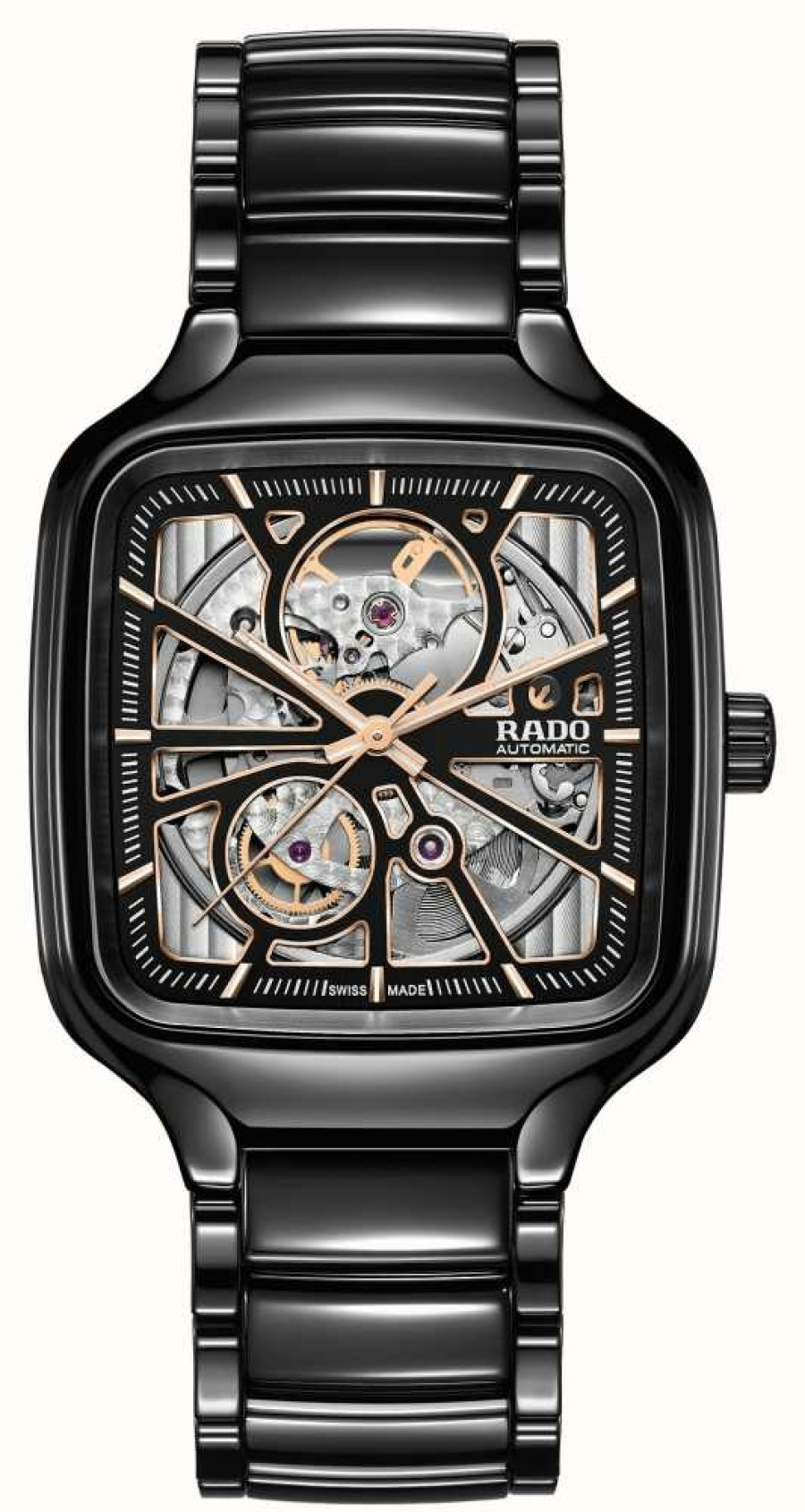 Men'S RADO | Rado True Square Automatic Open Heart (38Mm) Black Dial / Black High-Tech Ceramic Bracelet