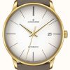 Men'S Junghans | Junghans Meister Automatic Brown Leather White Dial Pvd Gold Plated