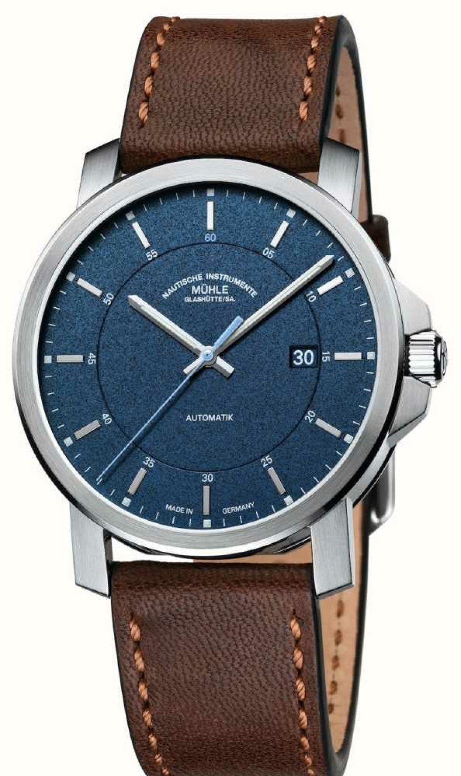 Men'S Muhle Glashutte | Muhle Glashutte 29Er Casual | Brown Leather Strap | Blue Dial