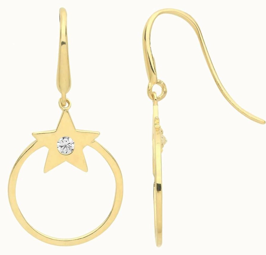 Jewelry James Moore | James Moore Th 9Ct Gold Star Cz Drop Hoop Earrings