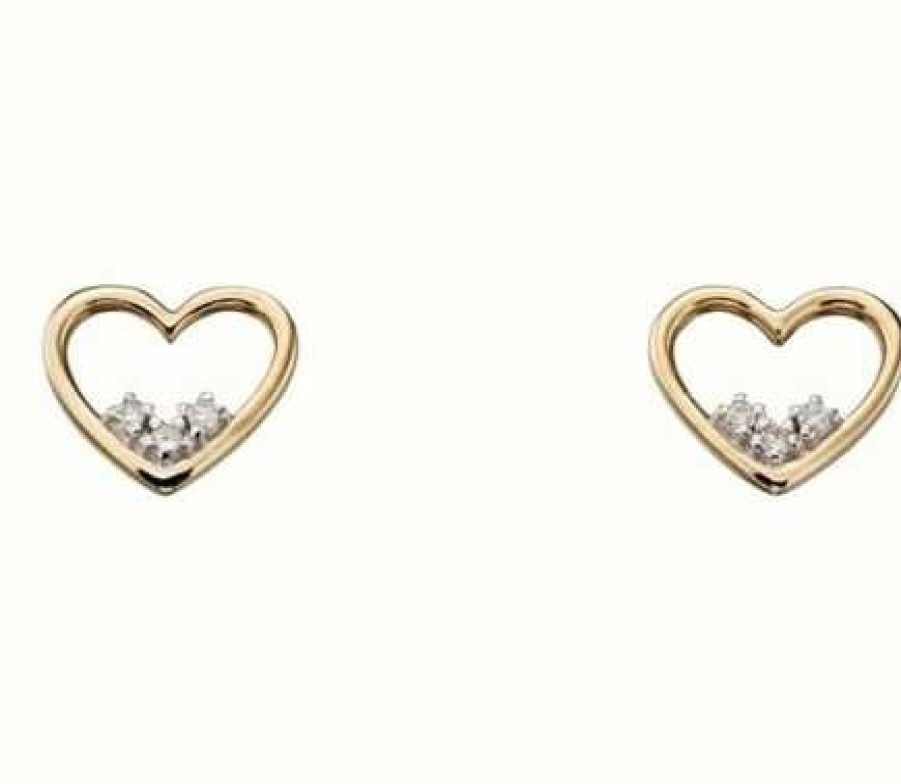 Jewelry Elements Gold | Elements Gold 9Ct Yellow Gold 3 Stone Open Heart Diamond Stud Earrings