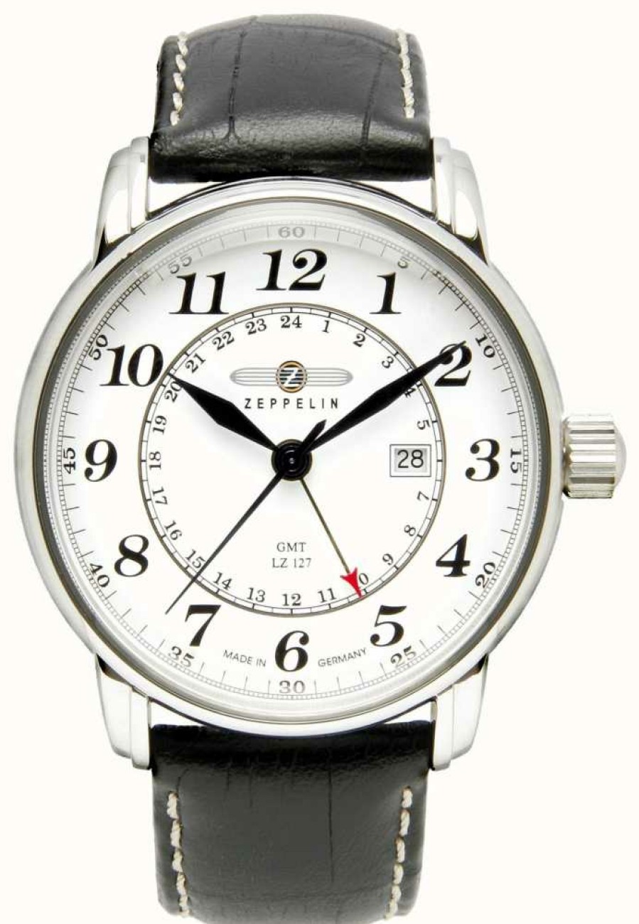 Men'S Zeppelin | Zeppelin Lz 127 Transatlantic Gmt | Black Leather Strap | White Dial