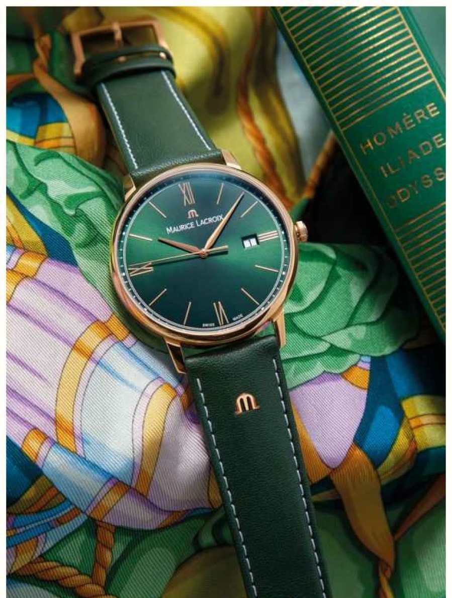 Men'S Maurice Lacroix | Maurice Lacroix Elrios Smoked Green Leather Strap Gold Plated Case