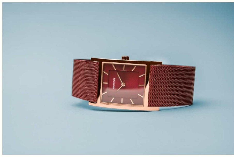 Women'S Bering | Bering Women'S Classic | Polished Rose Gold | Red Mesh Bracelet