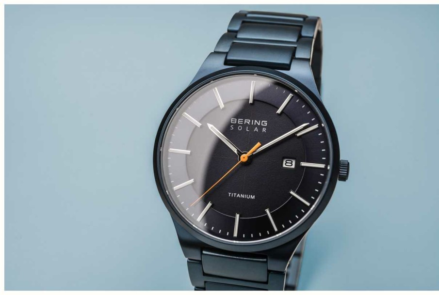 Men'S Bering | Bering Men'S Titanium | Solar | Brushed Blue | Blue Titanium Strap| Black Dial