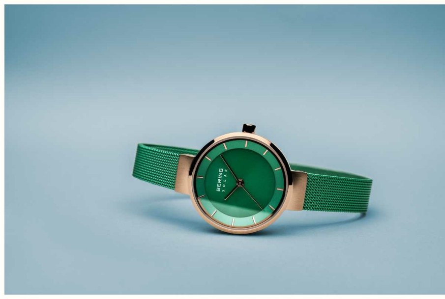 Women'S Bering | Bering Women'S Charity | Polished/Brushed Rose | Green Mesh Strap