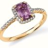 Jewelry Elements Gold | Elements Gold 9Ct Yellow Gold Diamond And Amethyst Cushion Ring