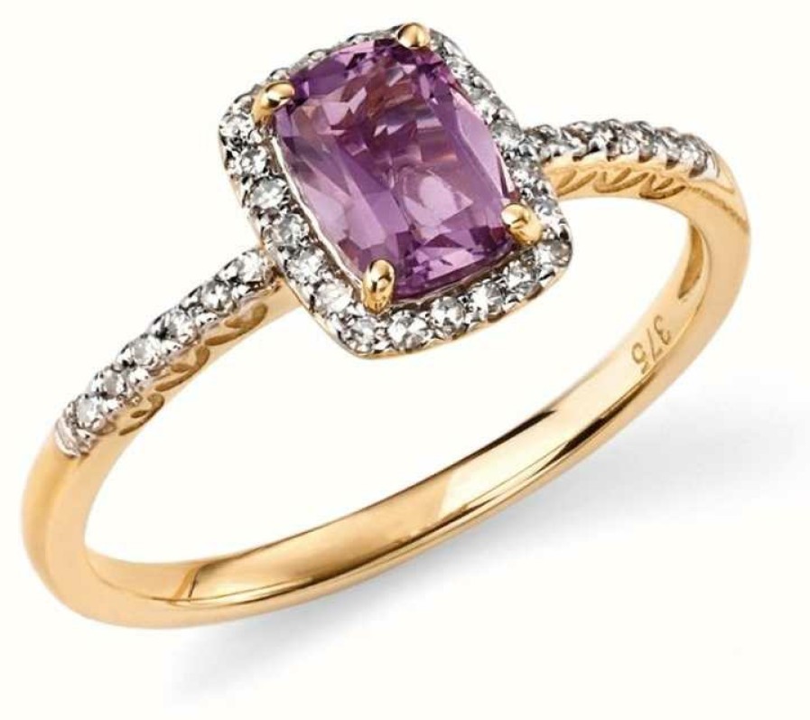 Jewelry Elements Gold | Elements Gold 9Ct Yellow Gold Diamond And Amethyst Cushion Ring