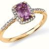 Jewelry Elements Gold | Elements Gold 9Ct Yellow Gold Diamond And Amethyst Cushion Ring Size Eu 54 (Uk N)