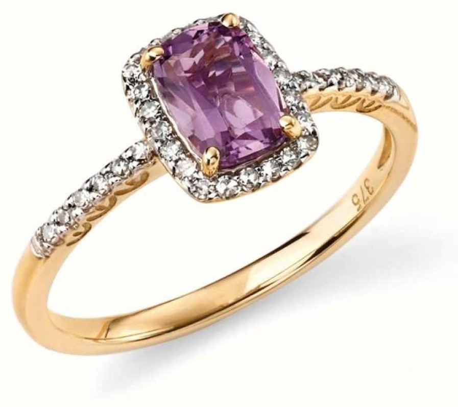 Jewelry Elements Gold | Elements Gold 9Ct Yellow Gold Diamond And Amethyst Cushion Ring Size Eu 54 (Uk N)