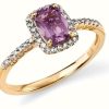 Jewelry Elements Gold | Elements Gold 9Ct Yellow Gold Diamond And Amethyst Cushion Ring Size Eu 58 (Uk Q 1/2)