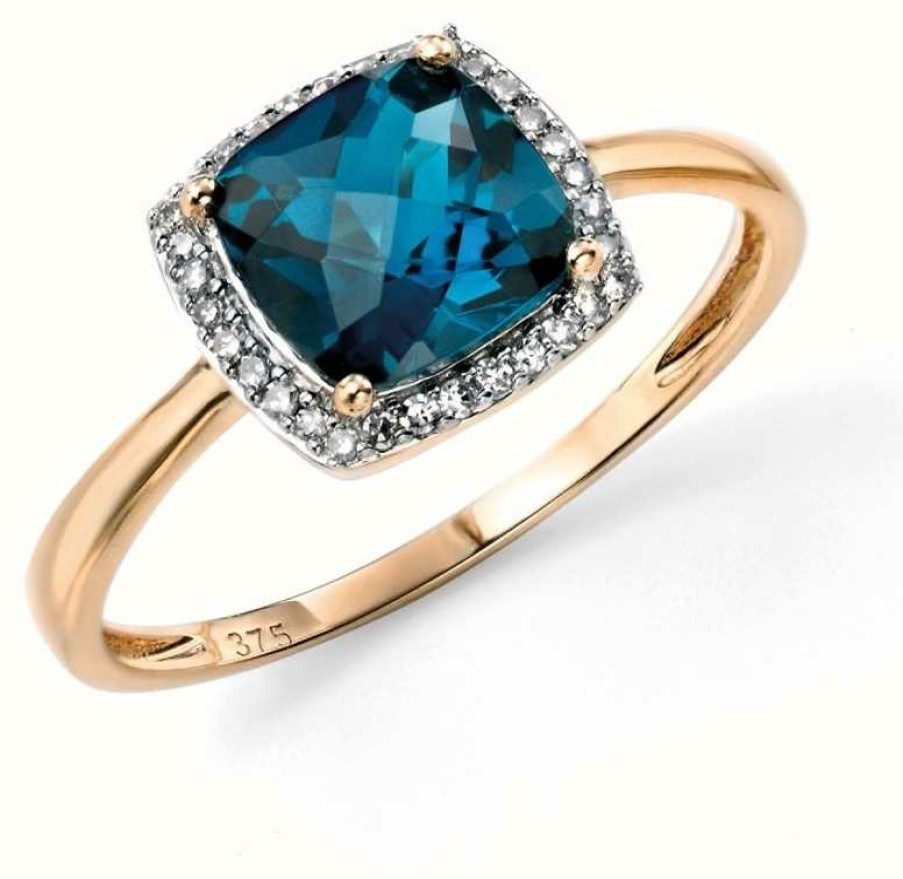 Jewelry Elements Gold | Elements Gold 9Ct Yellow Gold Diamond Surround Blue Topaz Checkerboard