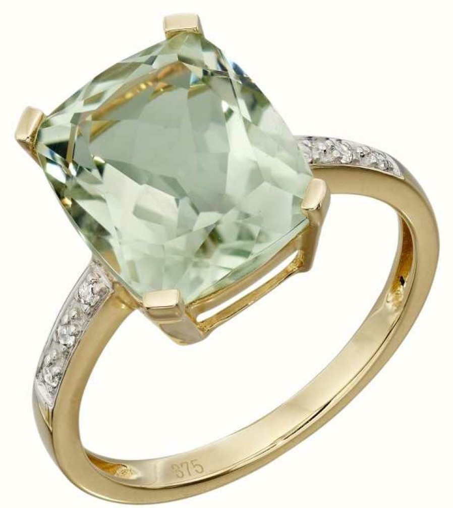 Jewelry Elements Gold | Elements Gold 9Ct Yellow Gold Green Amethyst And Diamond Cocktail Ring Size Eu 52 (Uk L 1/2)