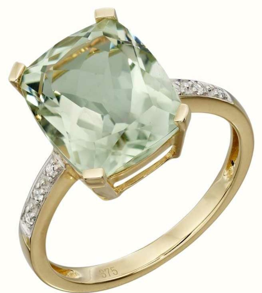 Jewelry Elements Gold | Elements Gold 9Ct Yellow Gold Green Amethyst And Diamond Cocktail Ring Size Eu 54 (Uk N)