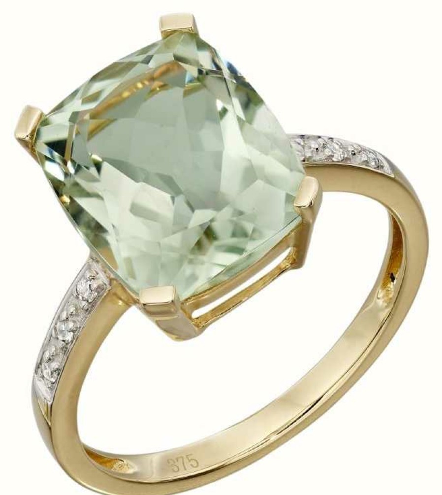 Jewelry Elements Gold | Elements Gold 9Ct Yellow Gold Green Amethyst And Diamond Cocktail Ring Size Eu 58 (Uk Q 1/2)