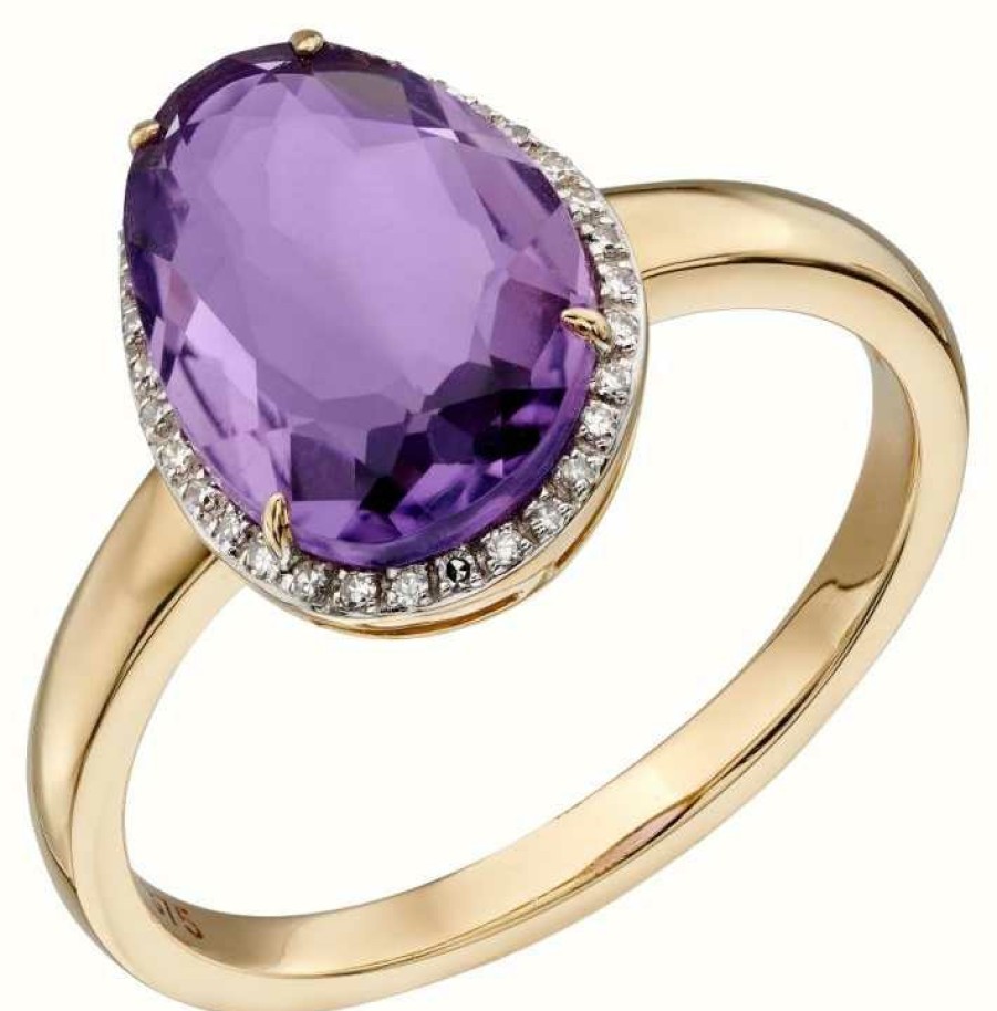 Jewelry Elements Gold | Elements Gold 9Ct Yellow Gold Organic Oval Amethyst And Diamond Ring Size Eu 52 (Uk L 1/2)