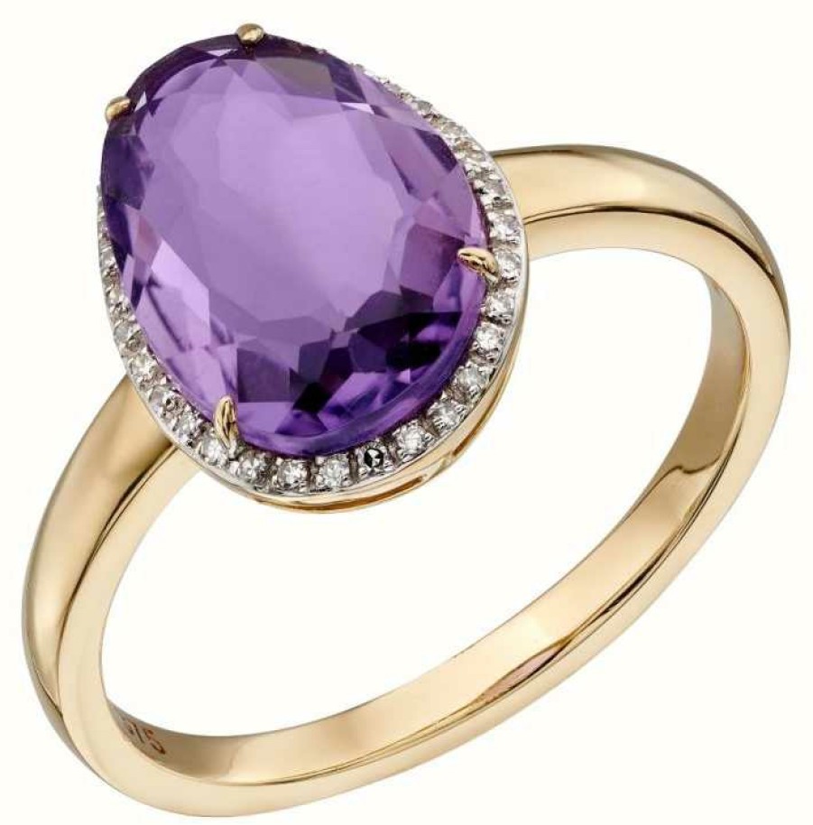 Jewelry Elements Gold | Elements Gold 9Ct Yellow Gold Organic Oval Amethyst And Diamond Ring Size Eu 58 (Uk Q 1/2)