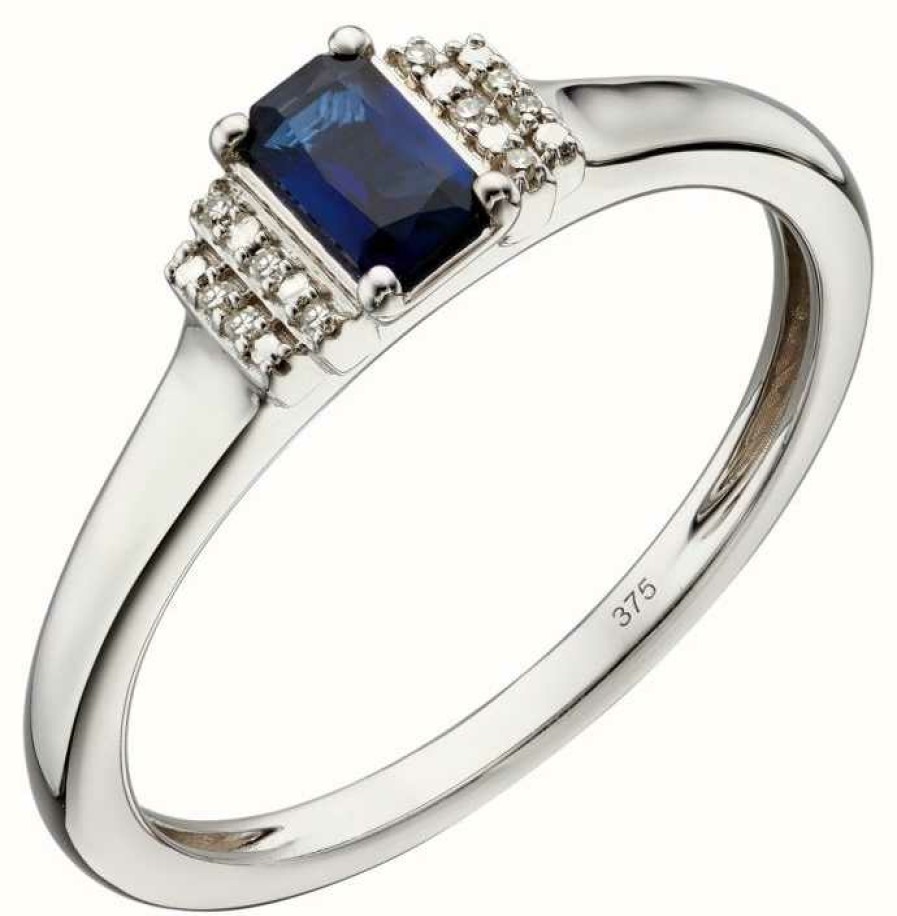 Jewelry Elements Gold | Elements Gold 9Ct White Gold Sapphire And Diamond Deco Ring Size Eu 52 (Uk L 1/2)