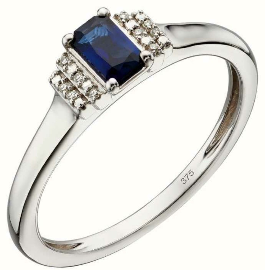 Jewelry Elements Gold | Elements Gold 9Ct White Gold Sapphire And Diamond Deco Ring Size Eu 54 (Uk N)