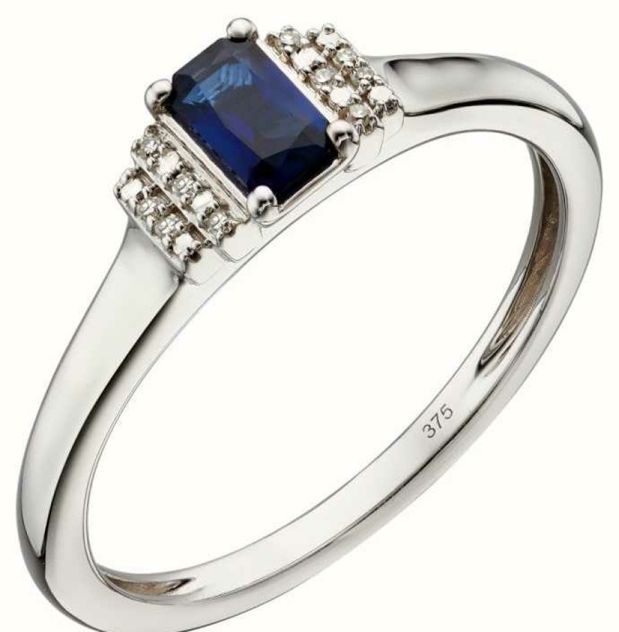 Jewelry Elements Gold | Elements Gold 9Ct White Gold Sapphire And Diamond Deco Ring Size Eu 56 (Uk O 1/2 - P)