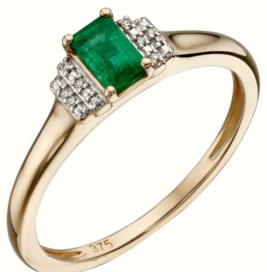 Jewelry Elements Gold | Elements Gold 9Ct Yellow Gold Emerald And Diamond Deco Ring Size Eu 54 (Uk N)