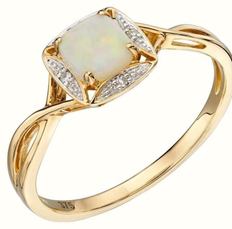 Jewelry Elements Gold | Elements Gold 9Ct Yellow Gold Diamond And Round Opal Ring Size Eu 52 (Uk L 1/2)