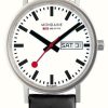 Men'S Mondaine | Mondaine Classic 36 Mm Day Date | Black Vegan Grape Strap | White Dial