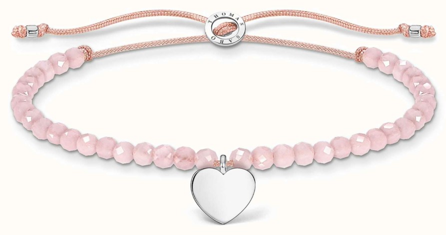 Jewelry Thomas Sabo Jewellery | Thomas Sabo Charming | Silver Heart Rose Quartz Beaded Tie Bracelet