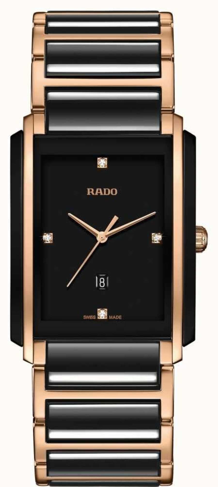 Men'S RADO | Rado Integral L Men'S Black/Rose Gold Pvd Plated Bracelet Diamond Black Dial