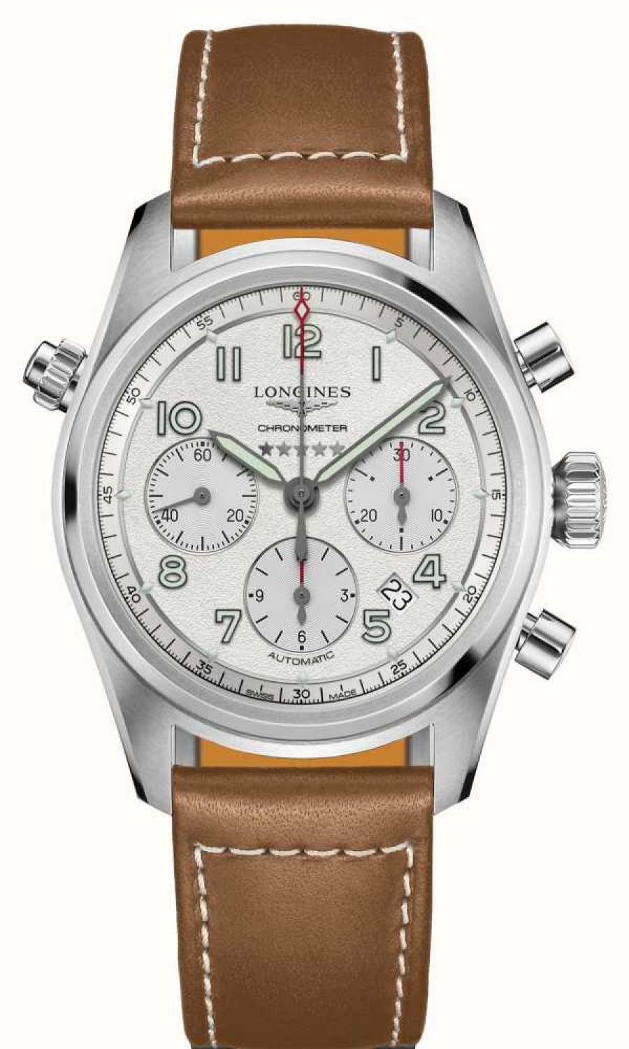 Men'S LONGINES | Longines Spirit Automatic Chronograph Silver Dial Brown Strap