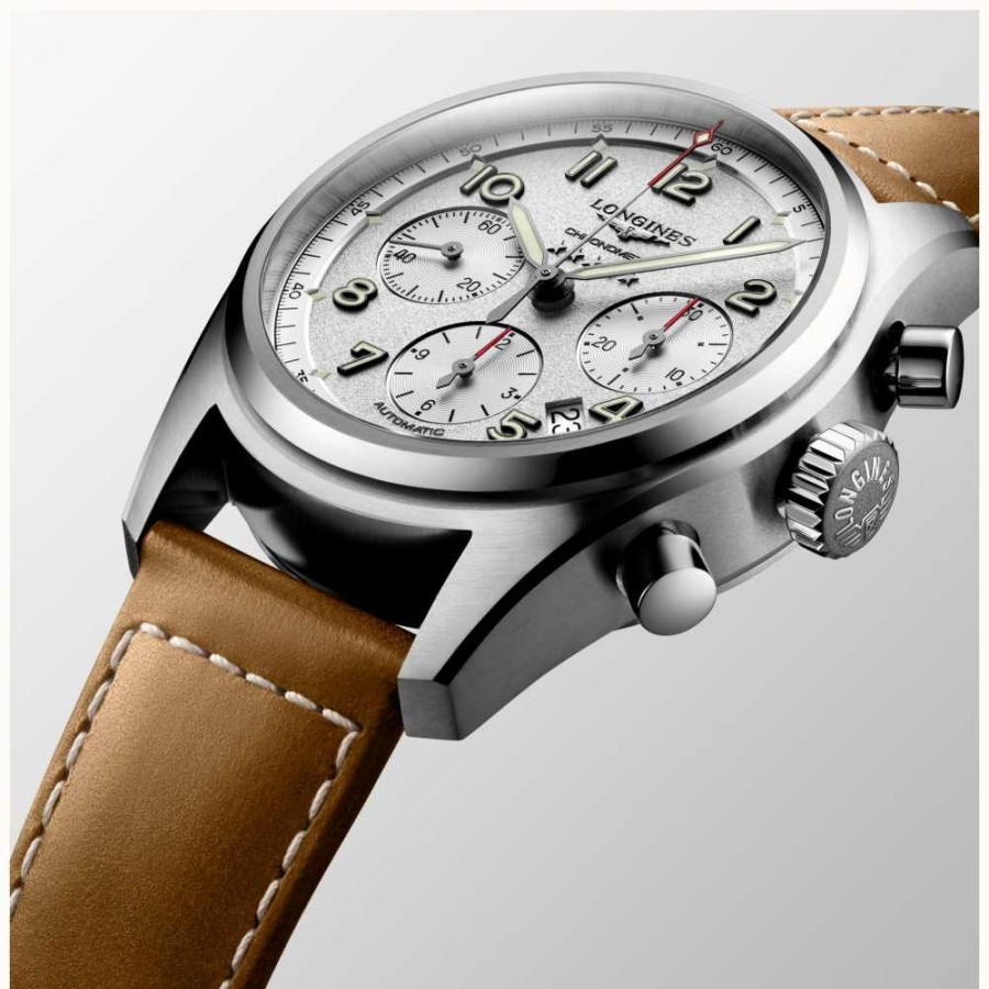 Men'S LONGINES | Longines Spirit Automatic Chronograph Silver Dial Brown Strap