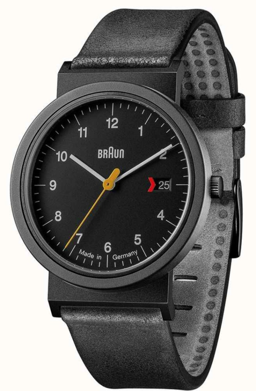 Men'S Braun | Braun Men'S Classic Black Leather Strap Black Dial Black Detail