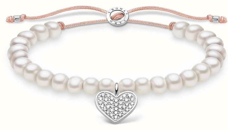 Jewelry Thomas Sabo Jewellery | Thomas Sabo White Pearl Adjustable Bracelet | Pave Heart 13 Cm To 20 Cm