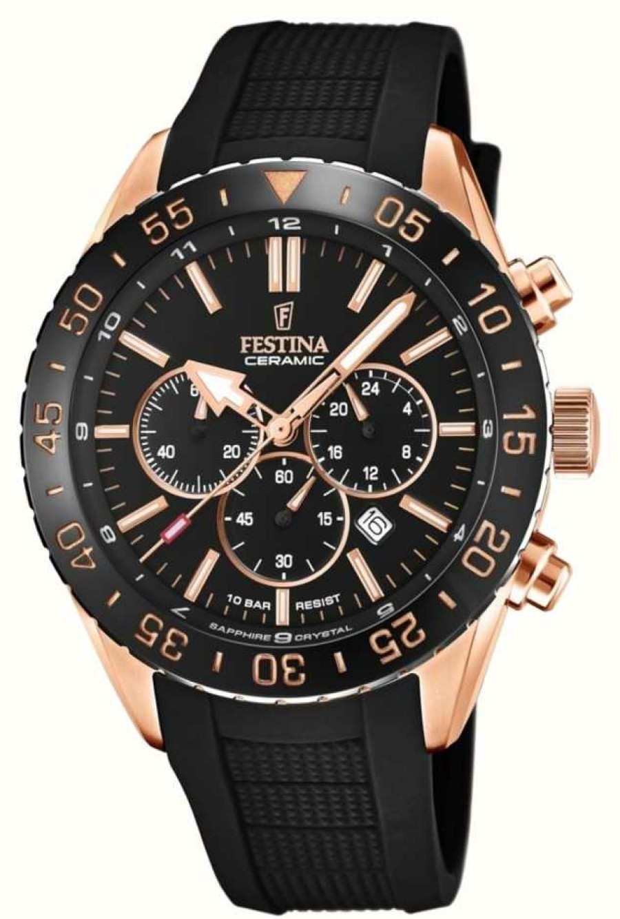 Men'S Festina | Festina Men'S Ceramic | Black Silicone Strap | Black Dial