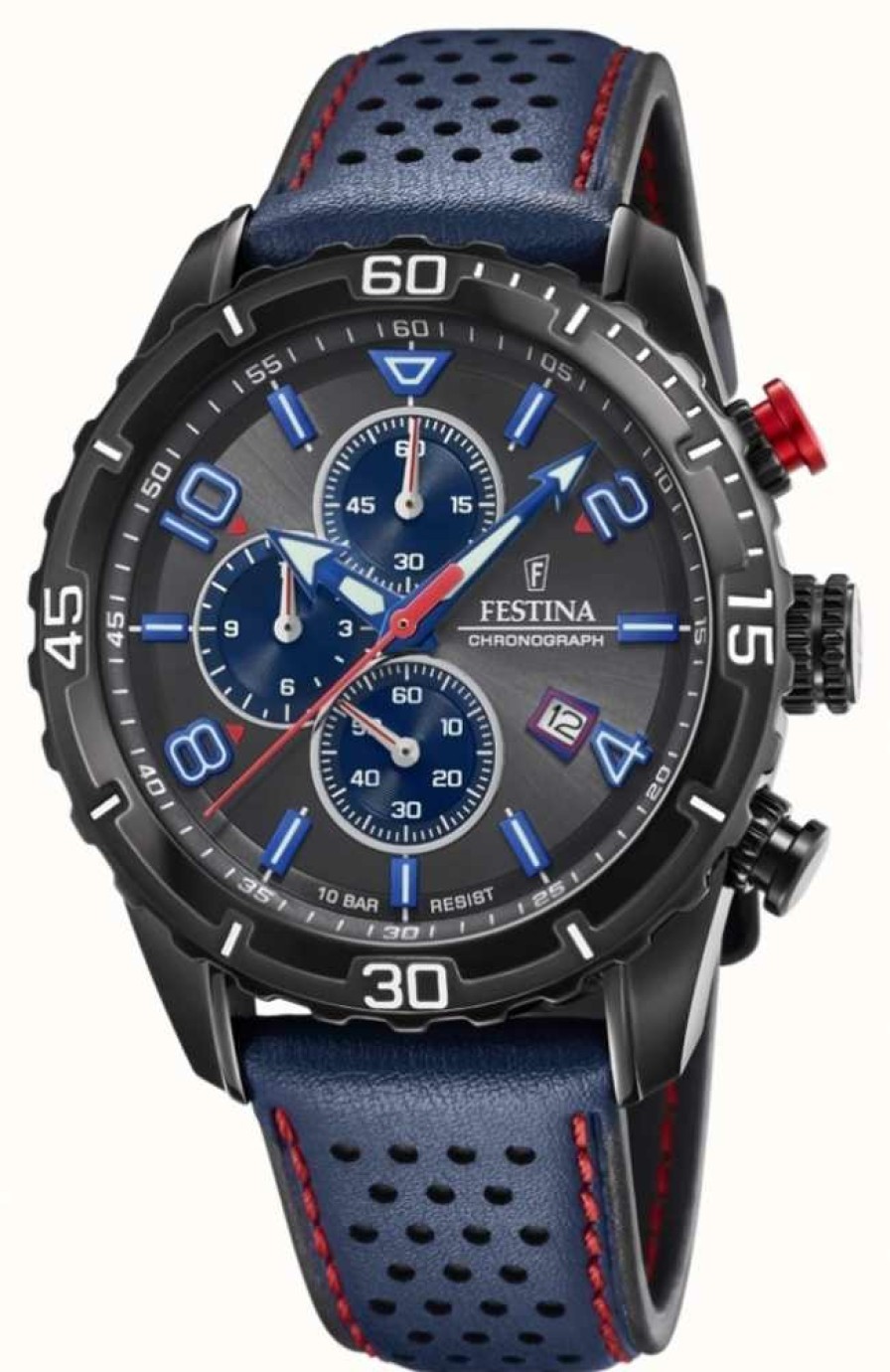 Men'S Festina | Festina Men'S Chronograph | Blue Leather Strap | Grey/Blue Dial