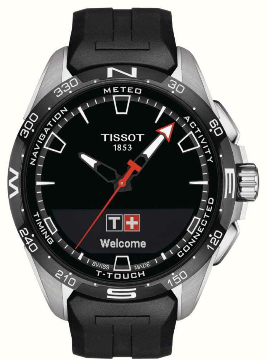 Men'S Tissot | Tissot T-Touch Connect Solar Titanium (47.5Mm) Black Dial / Black Synthetic Strap