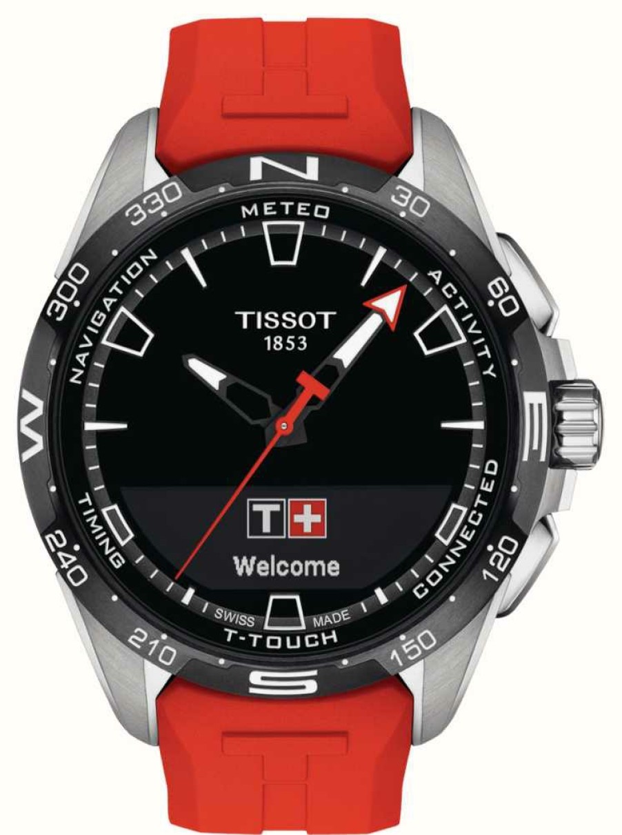 Men'S Tissot | Tissot T-Touch Connect Solar Titanium (47.5Mm) Black Dial / Red Synthetic Strap