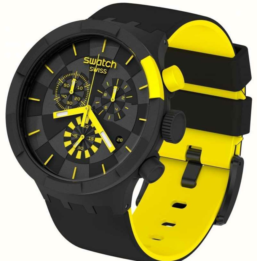 Men'S Swatch | Swatch Checkpoint Yellow | Big Bold Chrono | Black/Yellow Silicone Strap | Black Dial