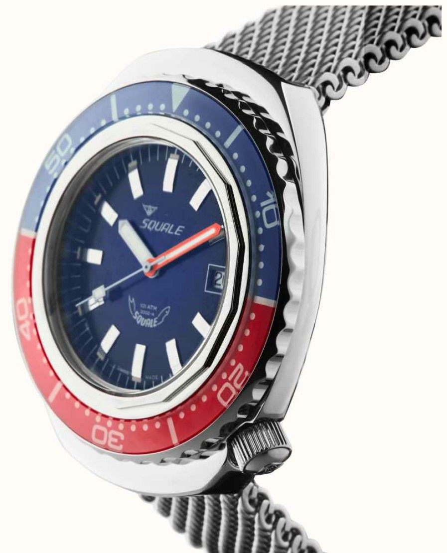 Men'S Squale | Squale 2002 Blue-Red (44Mm) Blue Dial / Stainless Steel Mesh Bracelet