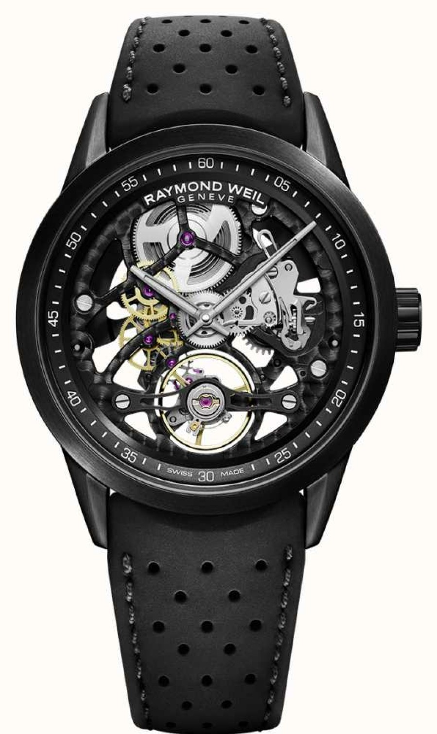 Men'S Raymond Weil | Raymond Weil Freelancer 42Mm Skeleton Black Rubber Strap