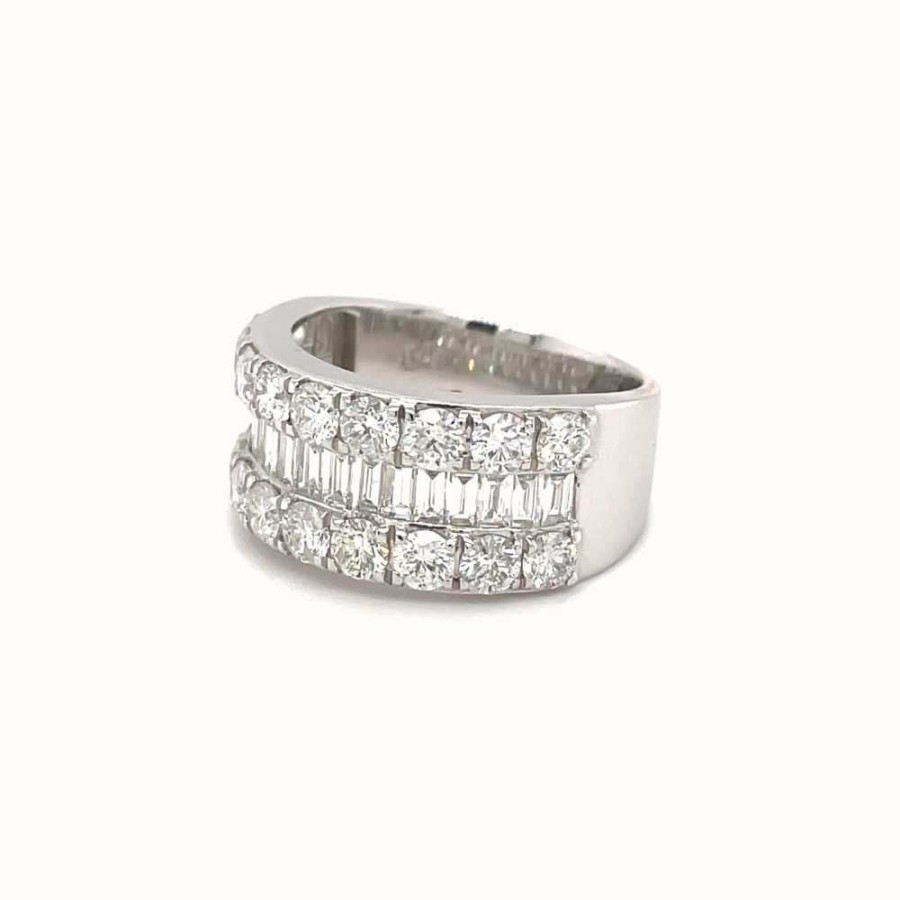 Jewelry James Moore | Lm Platinum Diamond 2.96 Total 3 Row Baguette And Round Ring