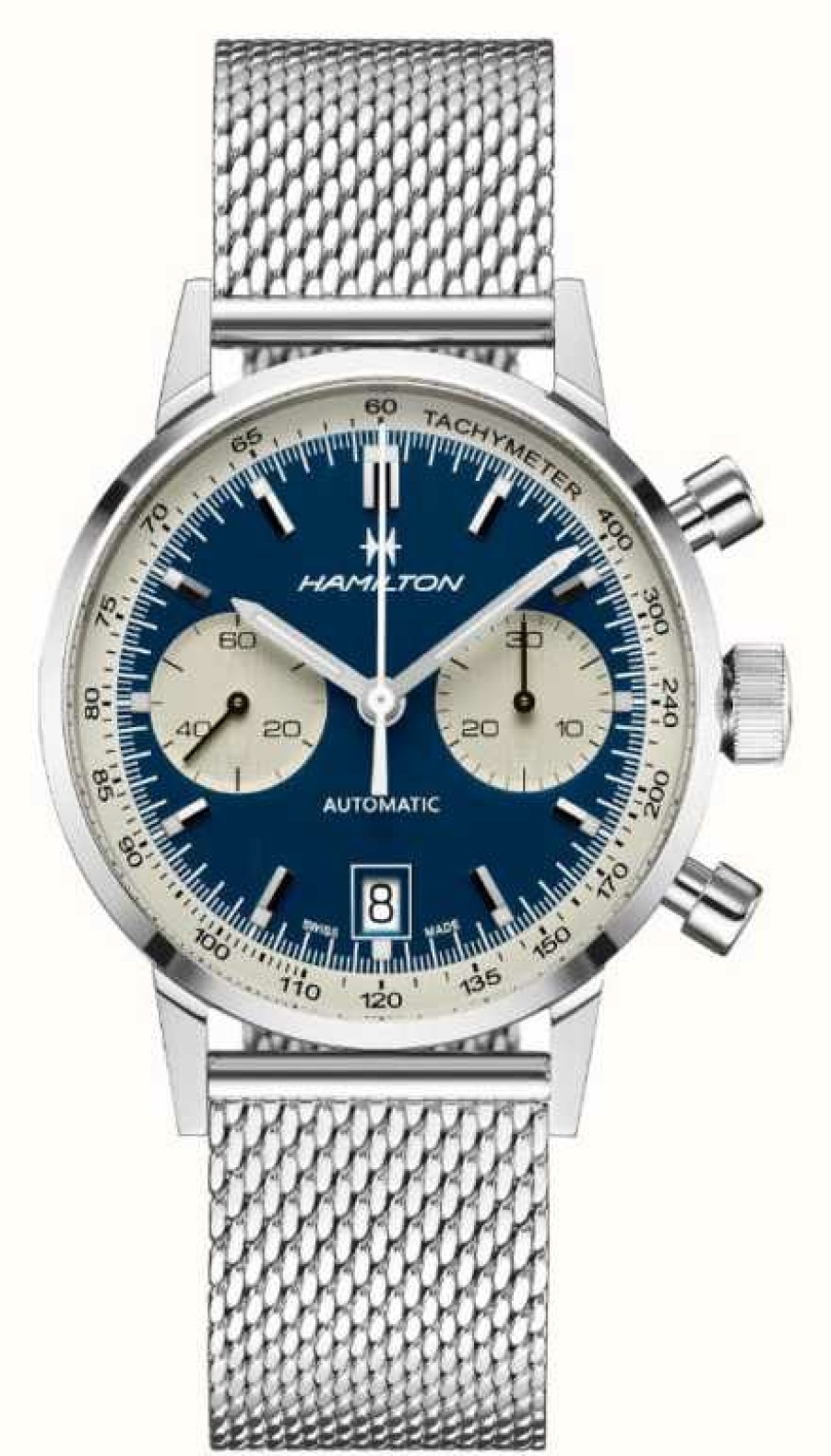 Men'S Hamilton | Hamilton American Classic Intra-Matic Automatic Chronograph (40Mm) Blue Dial / Stainless Steel Mesh Bracelet