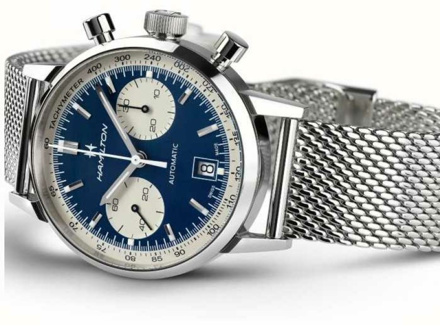 Men'S Hamilton | Hamilton American Classic Intra-Matic Automatic Chronograph (40Mm) Blue Dial / Stainless Steel Mesh Bracelet