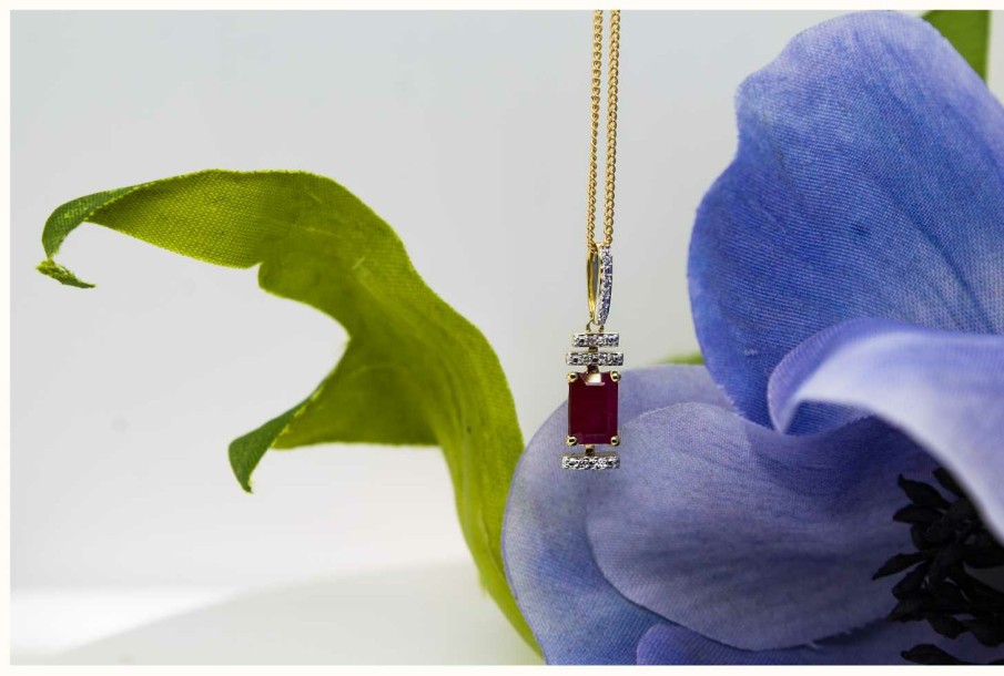 Jewelry Elements Gold | Elements Gold 9Ct Yellow Gold Diamond Ruby Art Deco Baguette Pendant