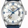 Men'S Hamilton | Hamilton Jazzmaster Open Heart Automatic (42Mm) Silver Dial / Blue Leather Strap